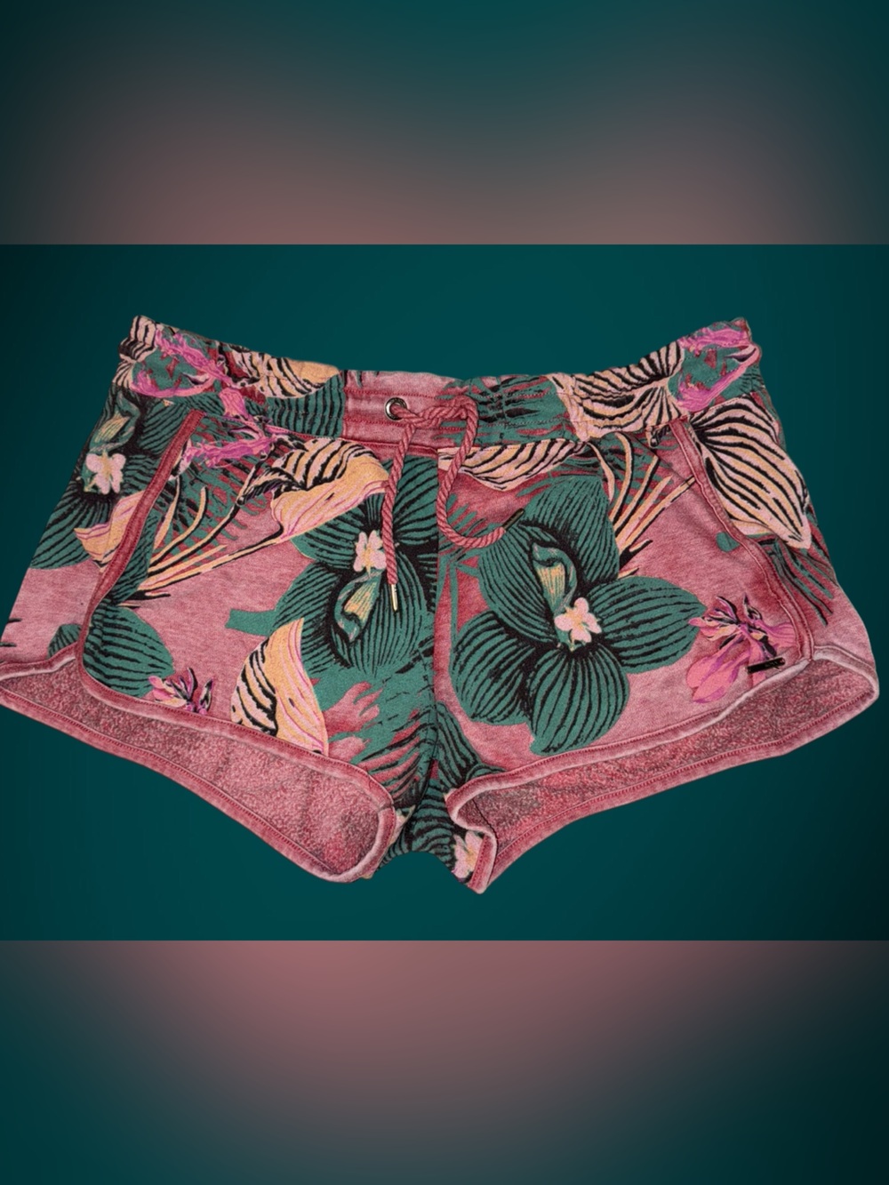 Roxy Pink/ Red Floral Tropical Print Shorts with Green Leaves